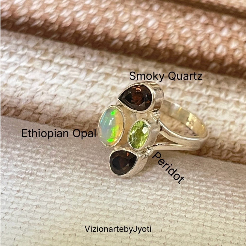 925 Sterling Silver Ring with Ethiopian Opal, Smoky Quartz,& Peridot, Adjustable
